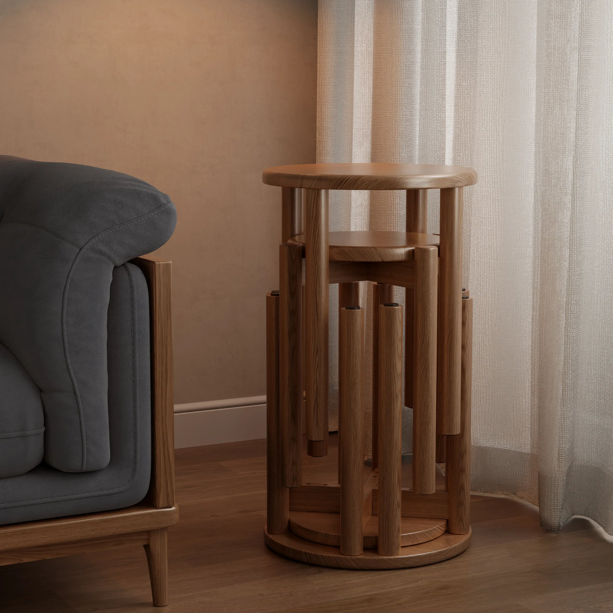 Solid Rubberwood Round Stool Set of 4 | Stackable Farmhouse Accent Stools - Kaslandi Furniture