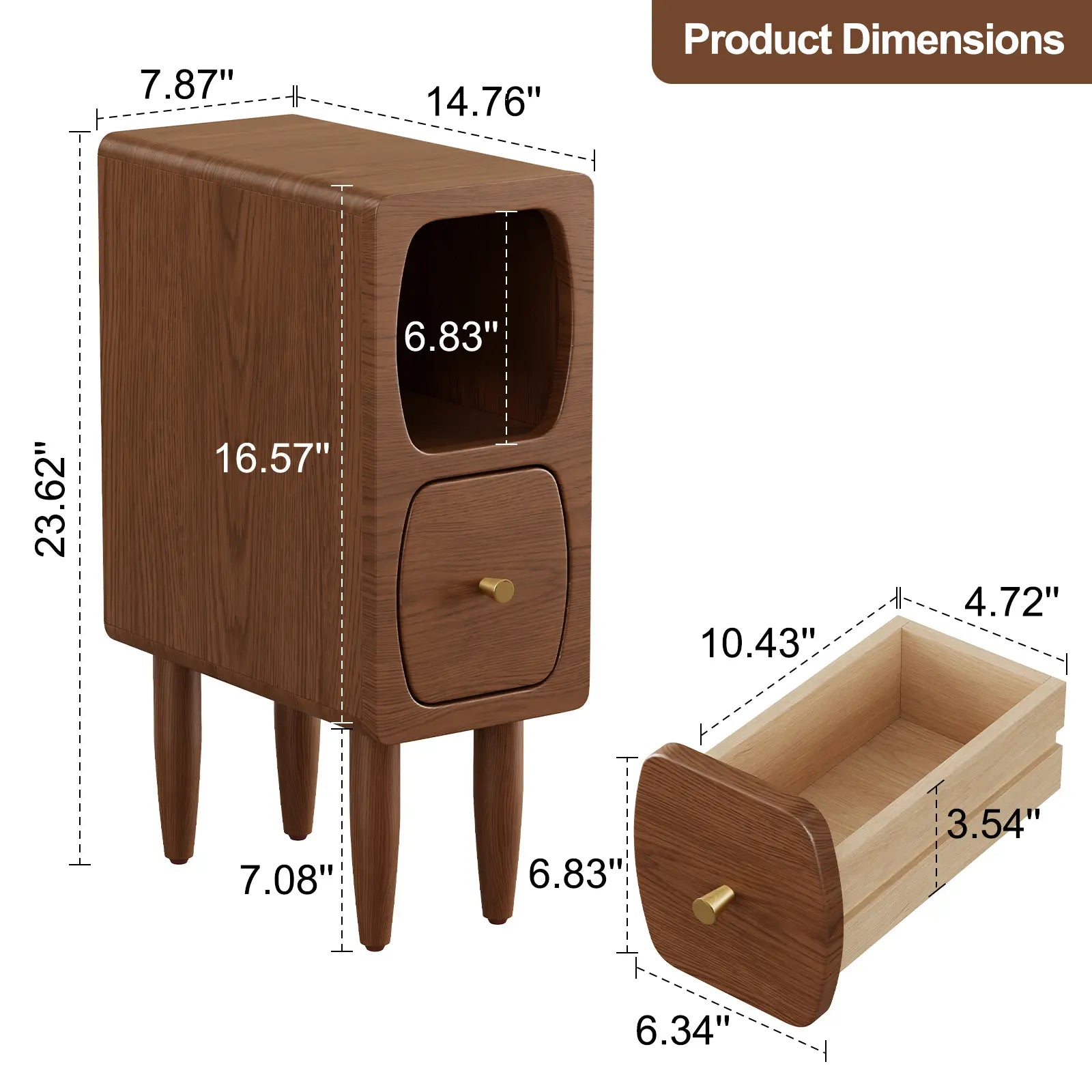 Wooden side table with dimensions labeled