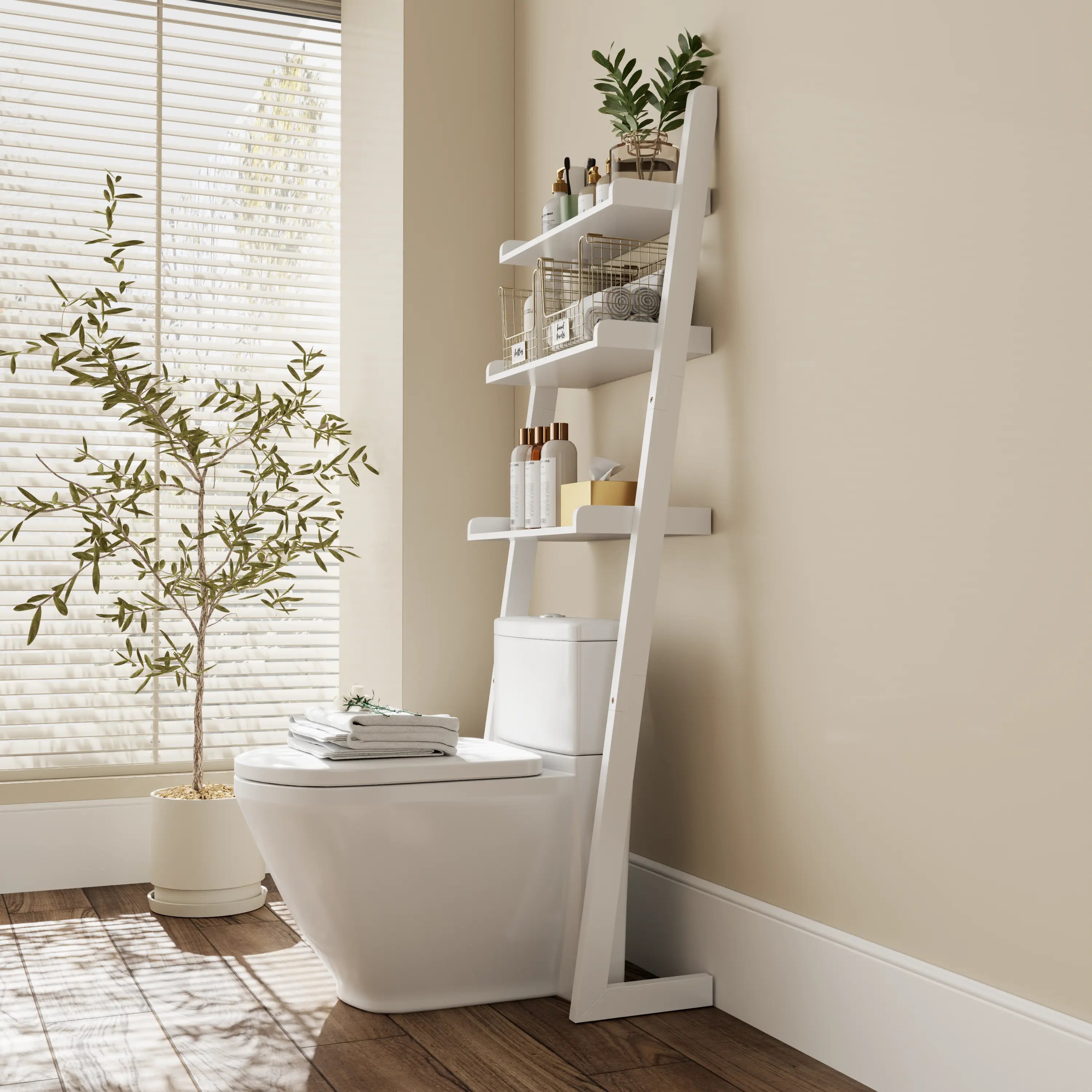 Over - the - Toilet Ladder Shelf - 3 - Tier Solid Wood Bathroom Storage - iKaslandi