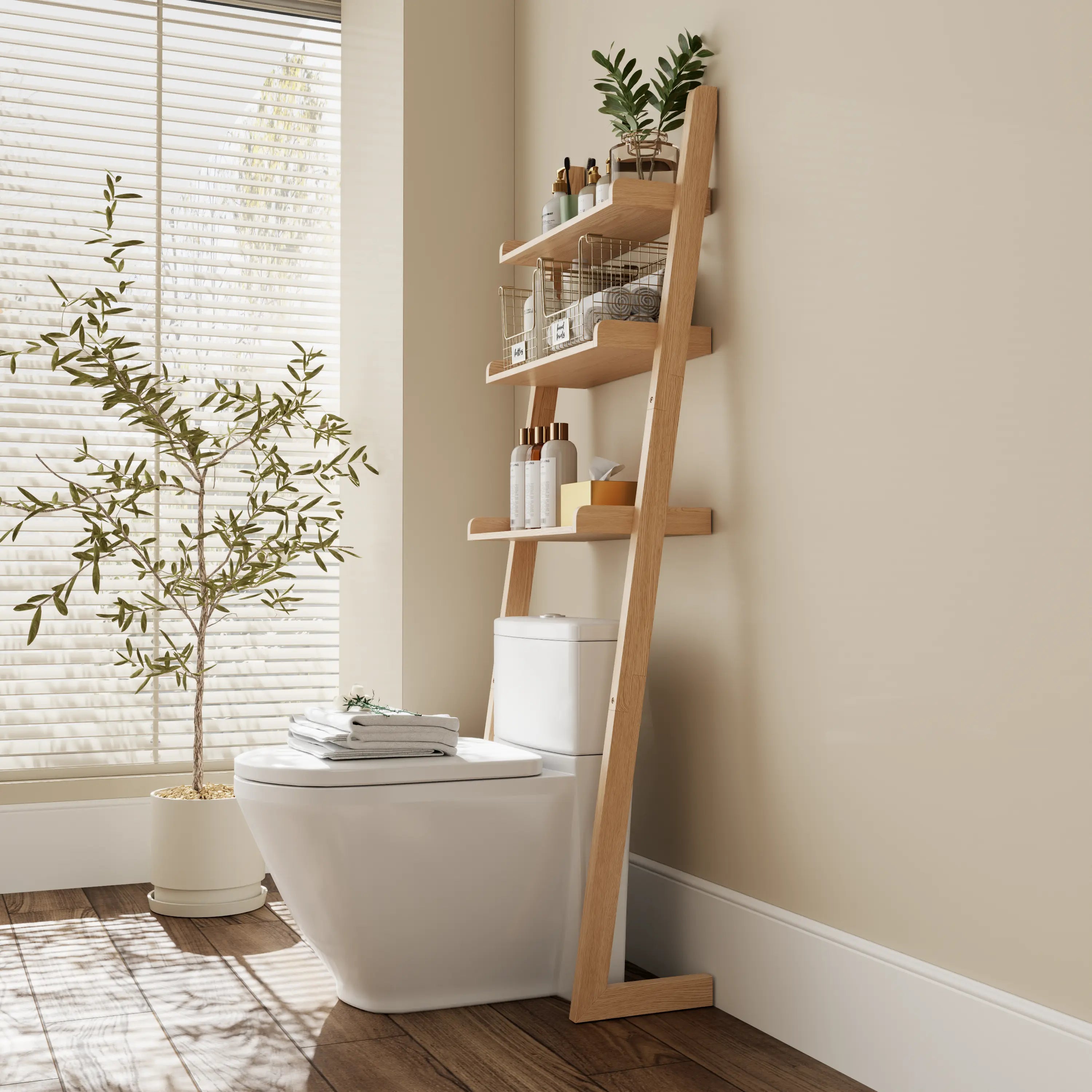 Over - the - Toilet Ladder Shelf - 3 - Tier Solid Wood Bathroom Storage - iKaslandi