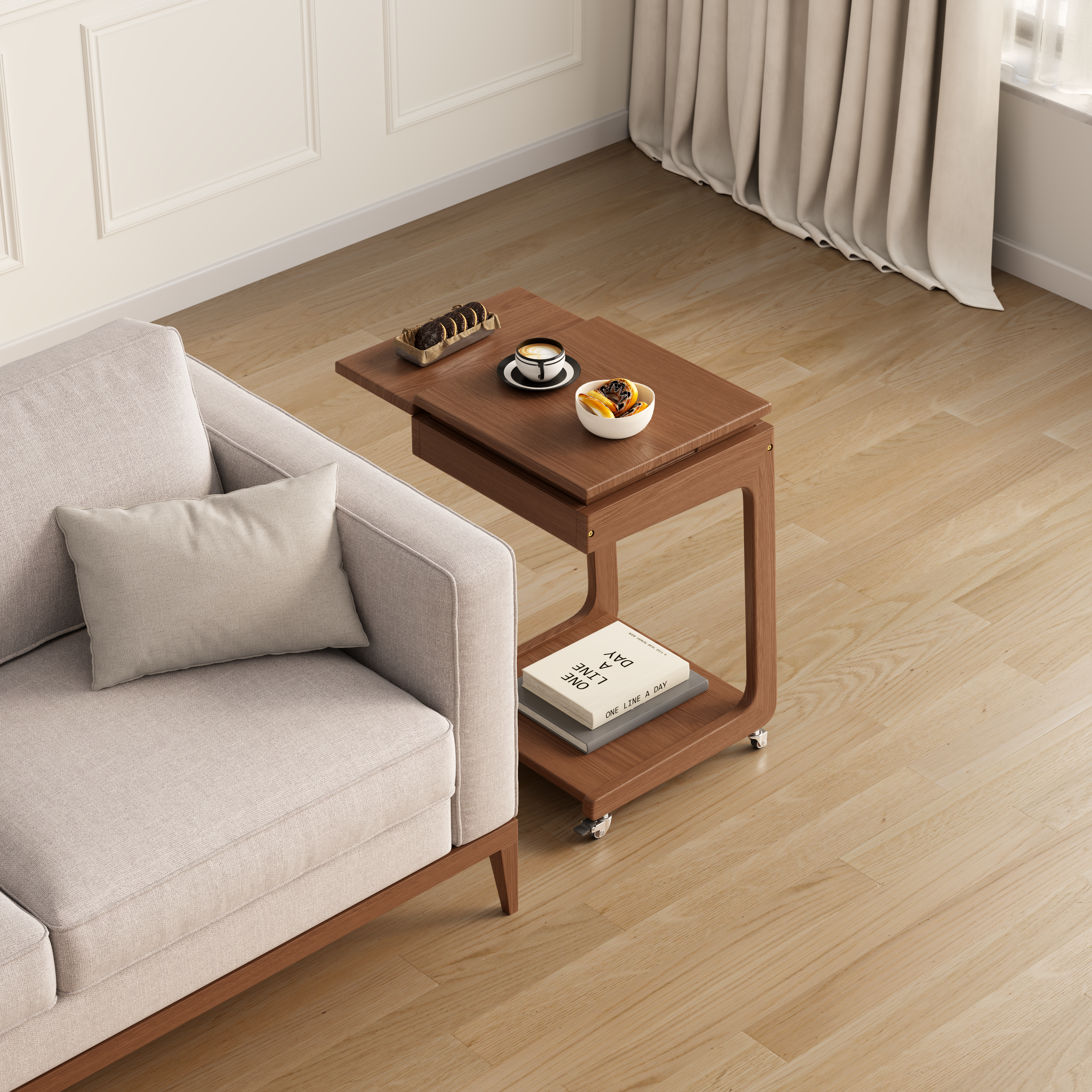 Solid Wood C-Shaped Rolling Side Table – Adjustable with Storage & Folding Shelf