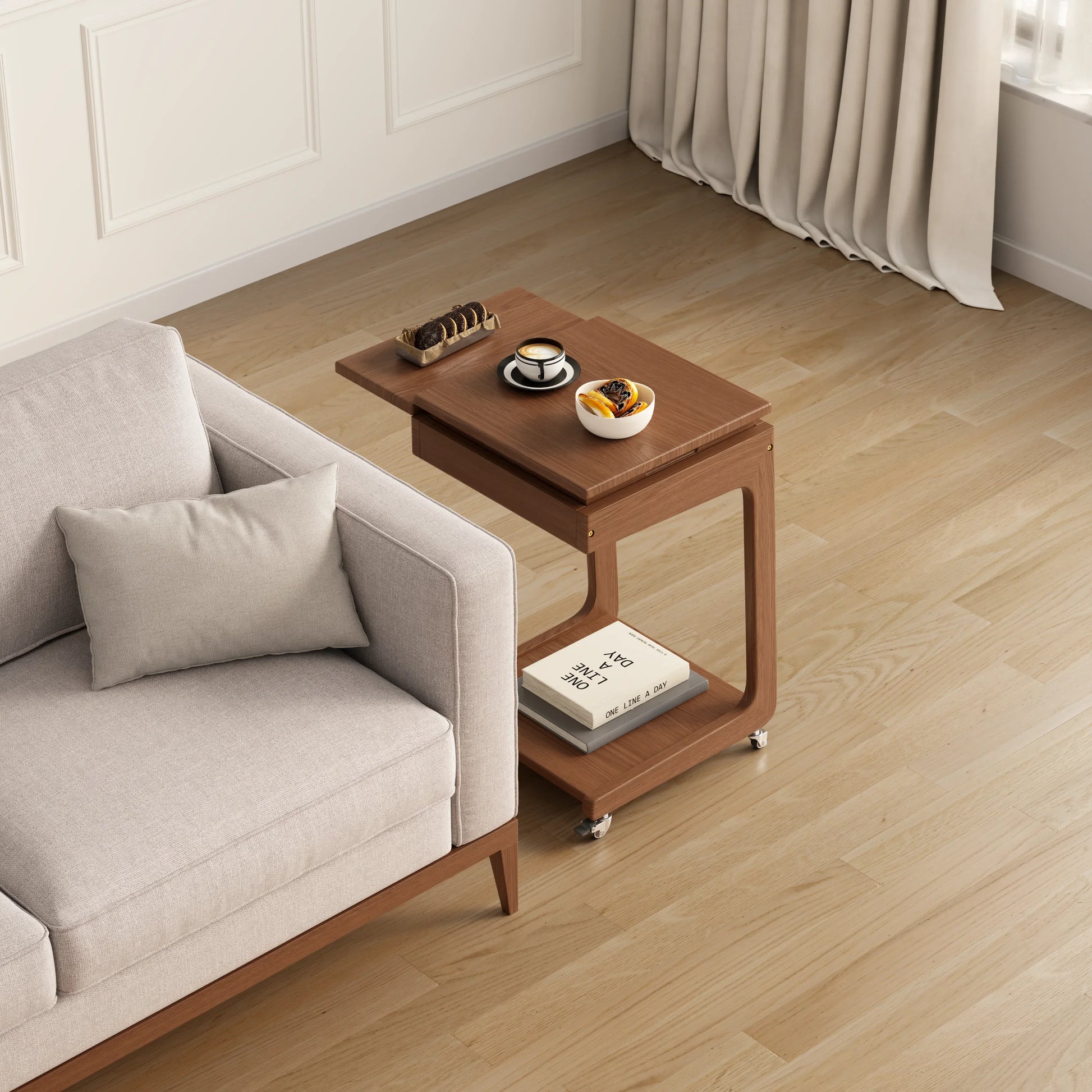 Solid Wood Rolling C - Shaped Side Table with Adjustable Top & Foldable Shelf - Kaslandi Furniture