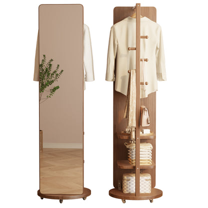 Ceramic Art Piece-2Full Length Mirror with Brake Wheels, 70"x16", Unique Solid Wood Oversized Floor Mirror with Coat Rack, Full Body Mirror for Bedroom, Living Room