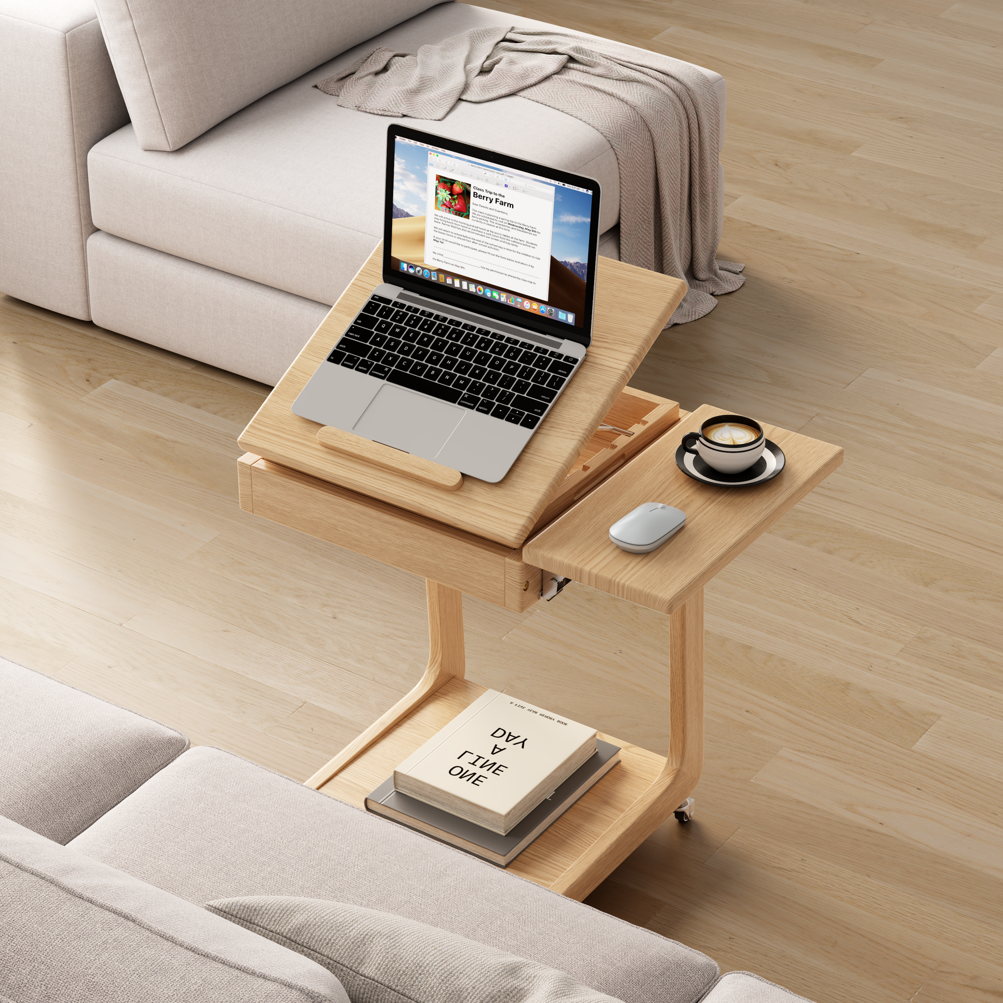 Solid Wood C-Shaped Rolling Side Table – Adjustable with Storage & Folding Shelf