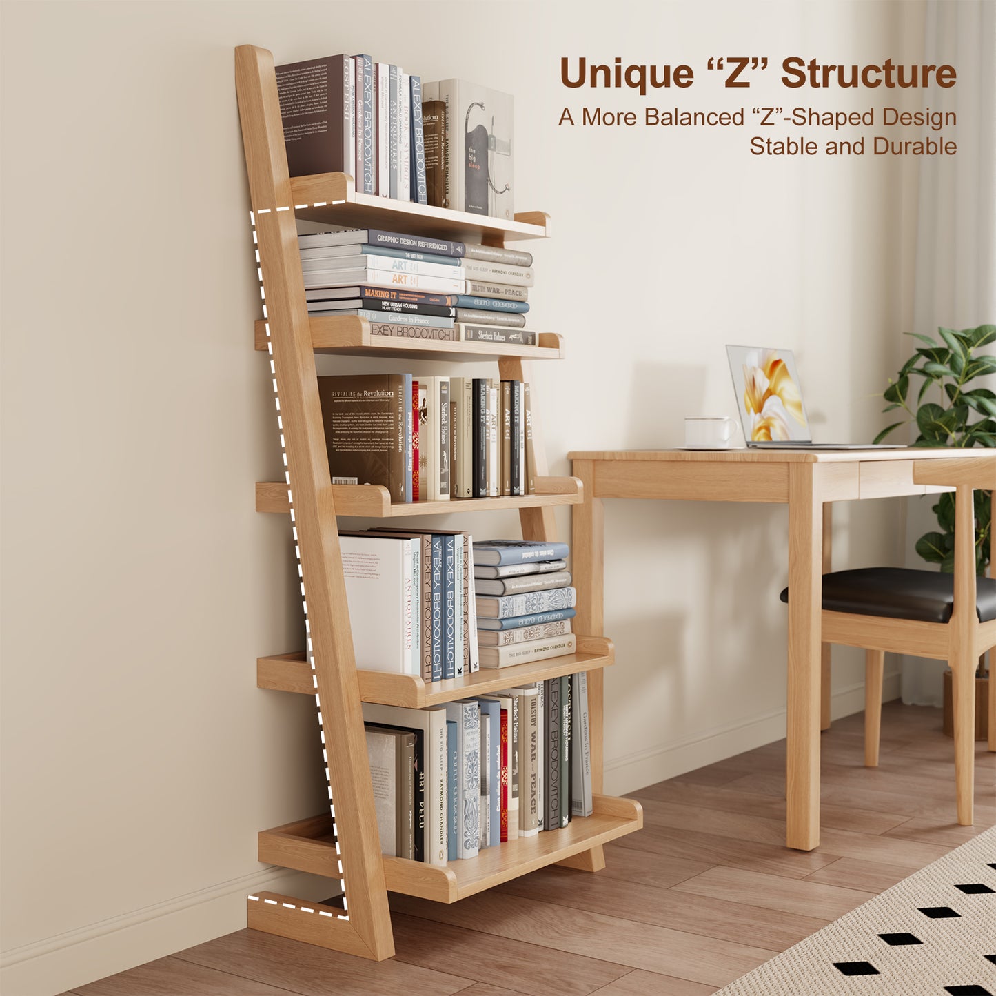 Wooden Ladder Shelf, Ladder Shelf Bookcase, 5 Tier Ladder Shelf with Stable Structure, Leaning Shelf for Living Room, Bedroom, Home Office