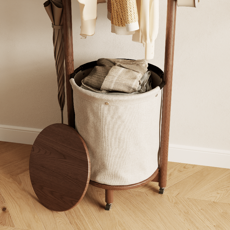 Solid Wood Coat Rack Stand with Laundry Hamper & Storage Shelf - Kaslandi Furniture
