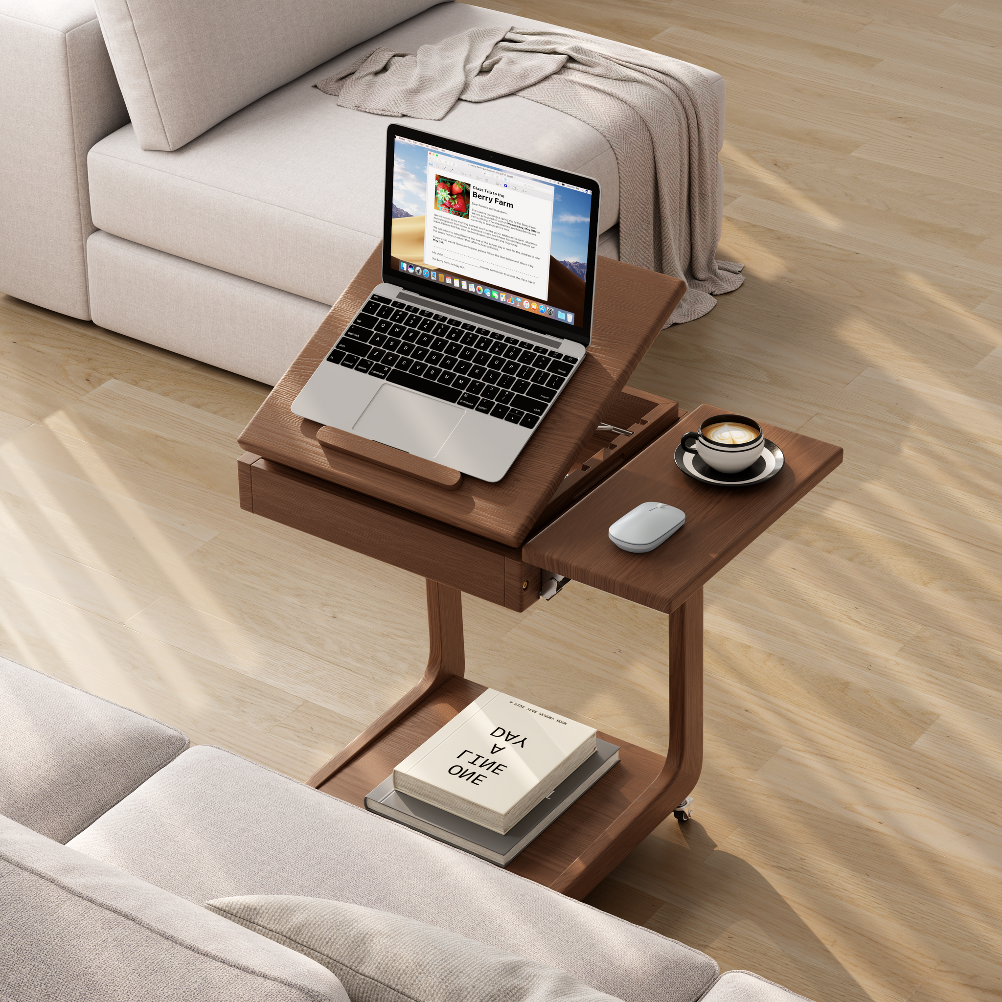 Solid Wood C-Shaped Rolling Side Table – Adjustable with Storage & Folding Shelf