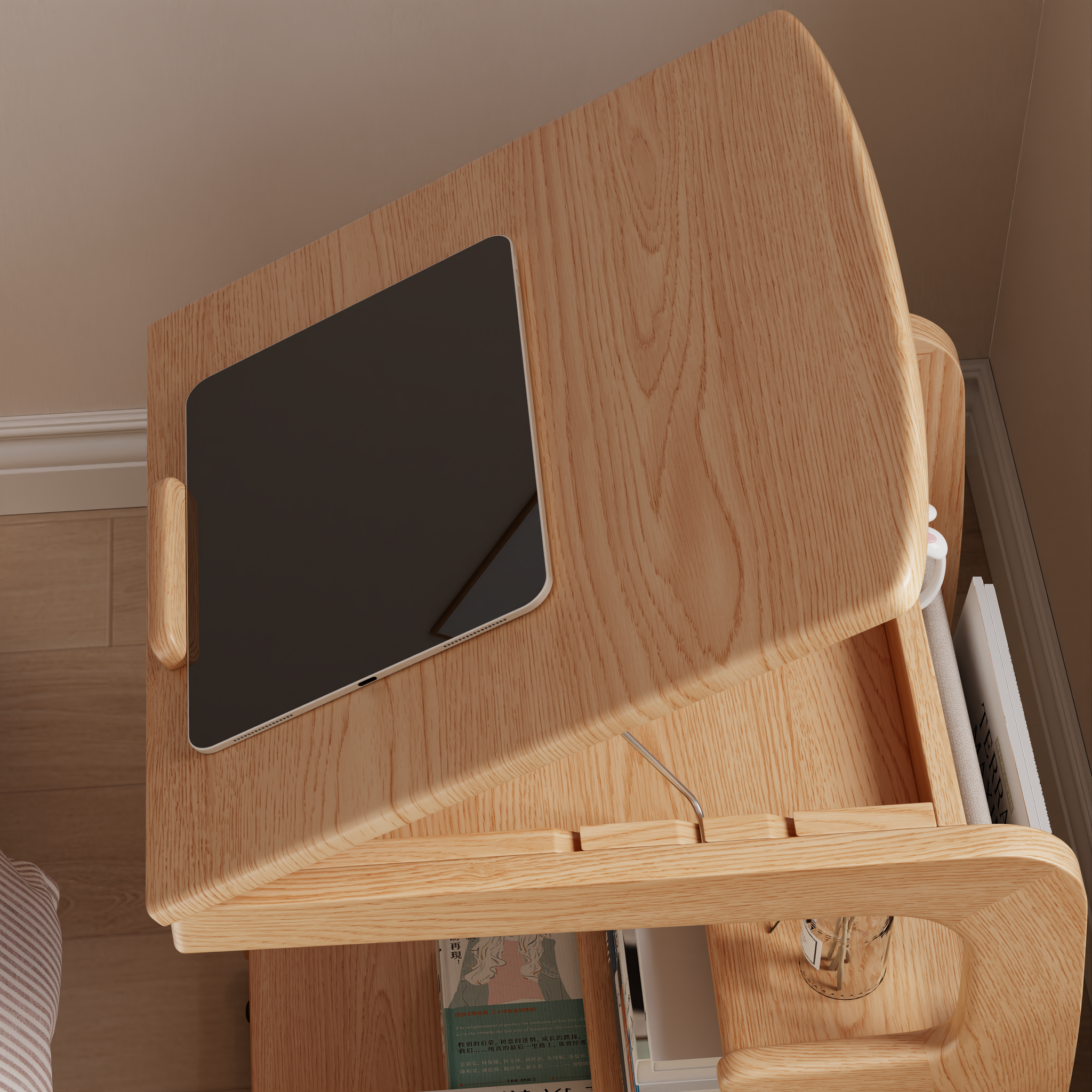 Solid Wood C-Shaped Table for Couch with 3-Tier Storage