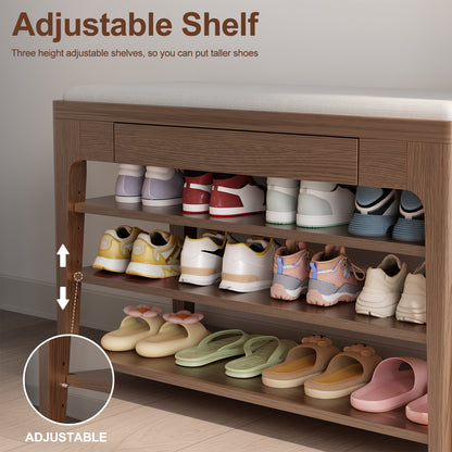 Small Shoe Bench with Storage, Wooden Shoe Storage Bench with Cushion&Hidden Drawer, 3-Tier Shoe Rack Bench for Entryway, Mudroom, Hallway