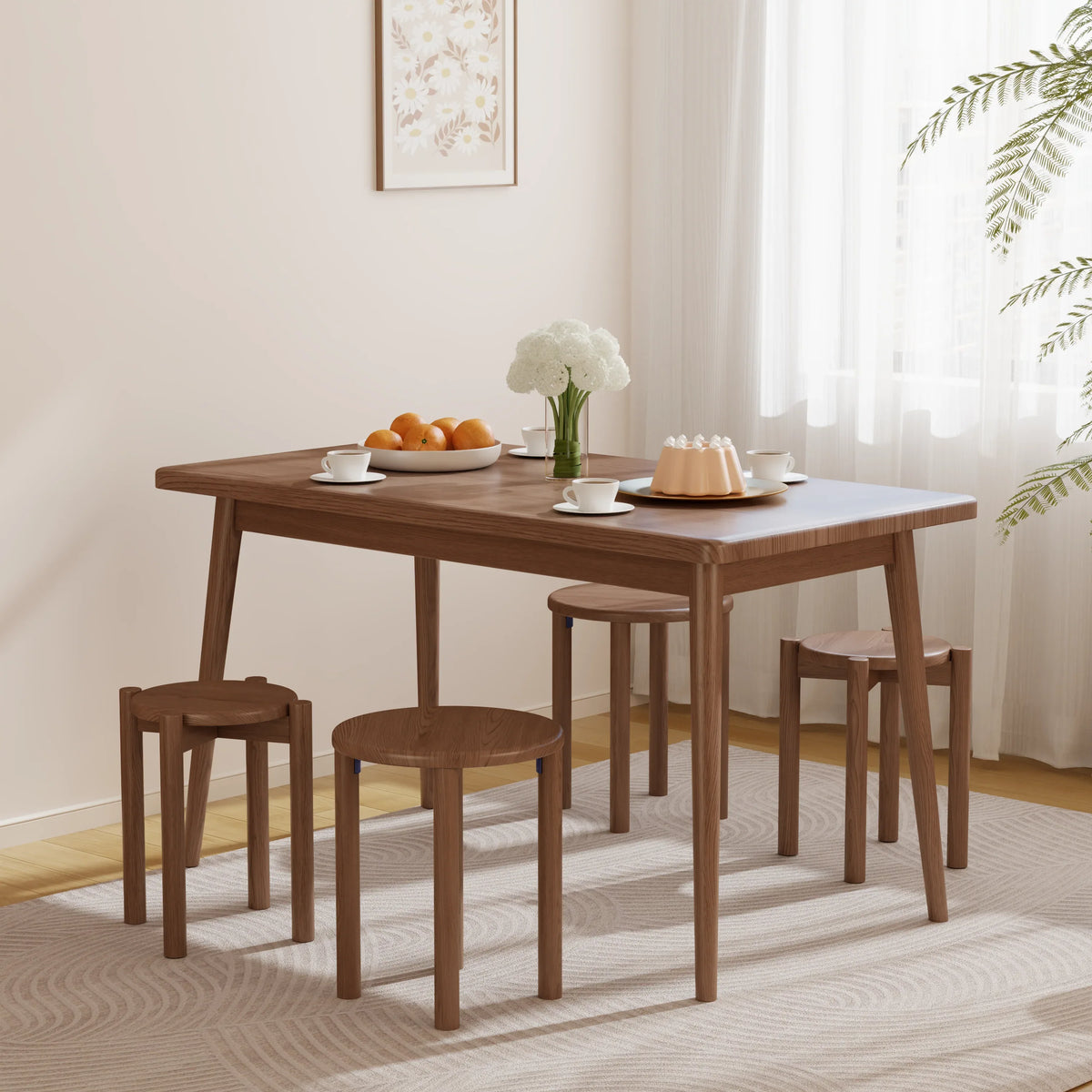 Solid Rubberwood Round Stool Set of 4 | Stackable Farmhouse Accent Stools - Kaslandi Furniture