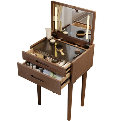 Solid Wood Vanity Desk with Plip Top Mirror & Lights, Small Makeup Vanity with Drawers, 3 Lighting Modes Adjustable Brightness, Vanity Table for Bedroom and Living Room