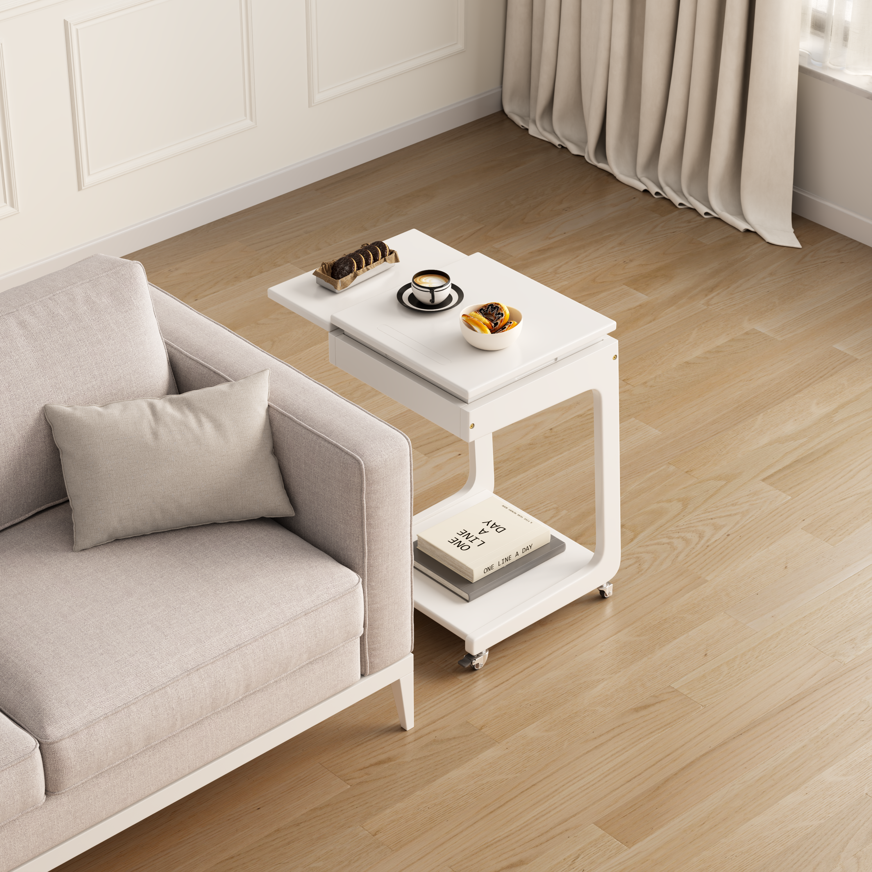 Solid Wood C-Shaped Rolling Side Table – Adjustable with Storage & Folding Shelf