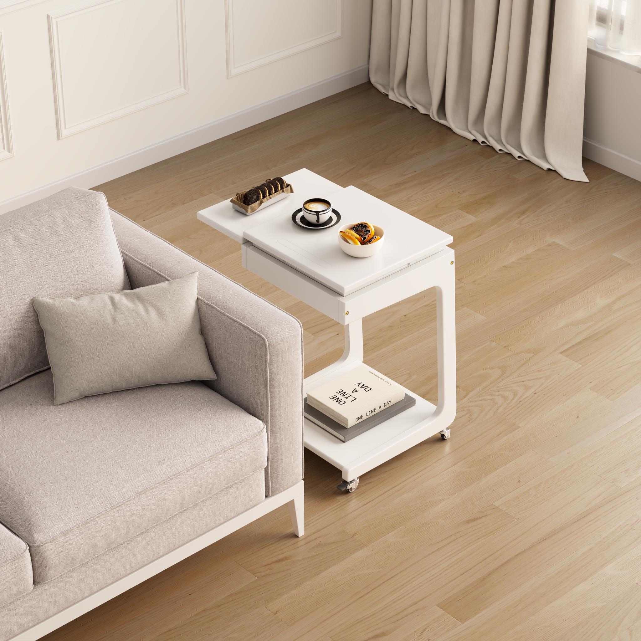 Solid Wood C-Shaped Rolling Side Table – Adjustable with Storage & Folding Shelf