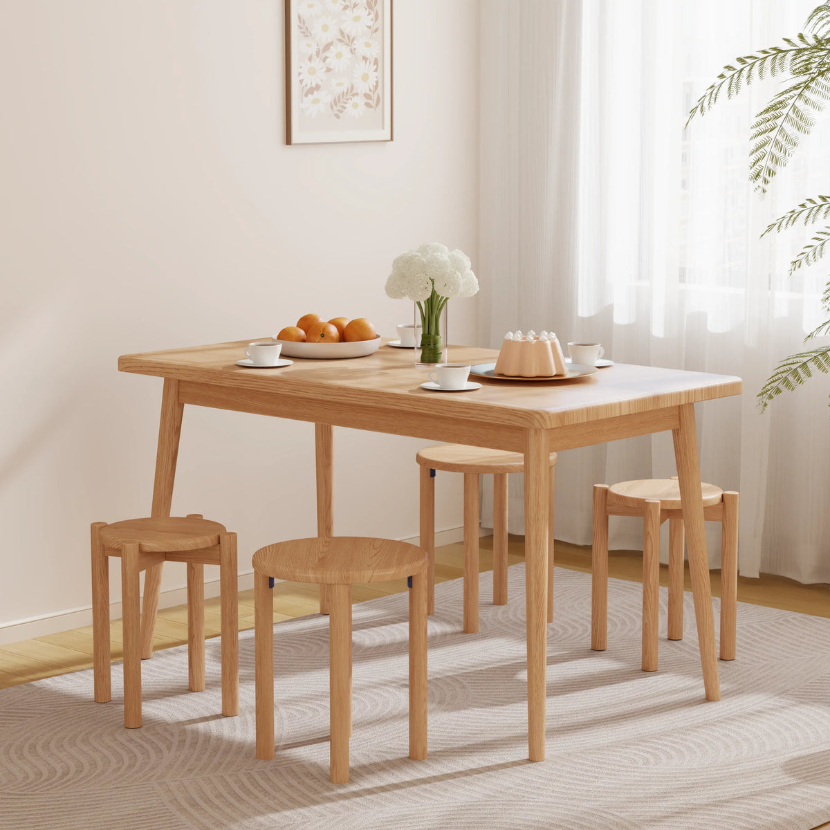 Solid Rubberwood Round Stool Set of 4 | Stackable Farmhouse Accent Stools - Kaslandi Furniture