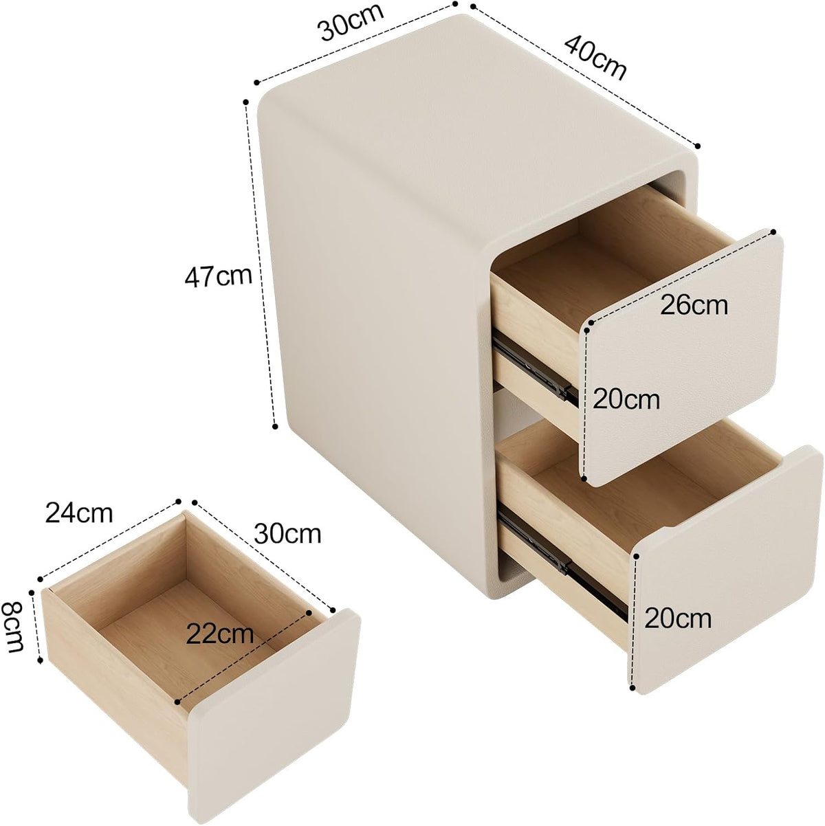 Narrow Bedside Table with 2 or 3 Drawers, Solid Wood Body and Leather-Coated Surface, Pre-Assembled - iKaslandi