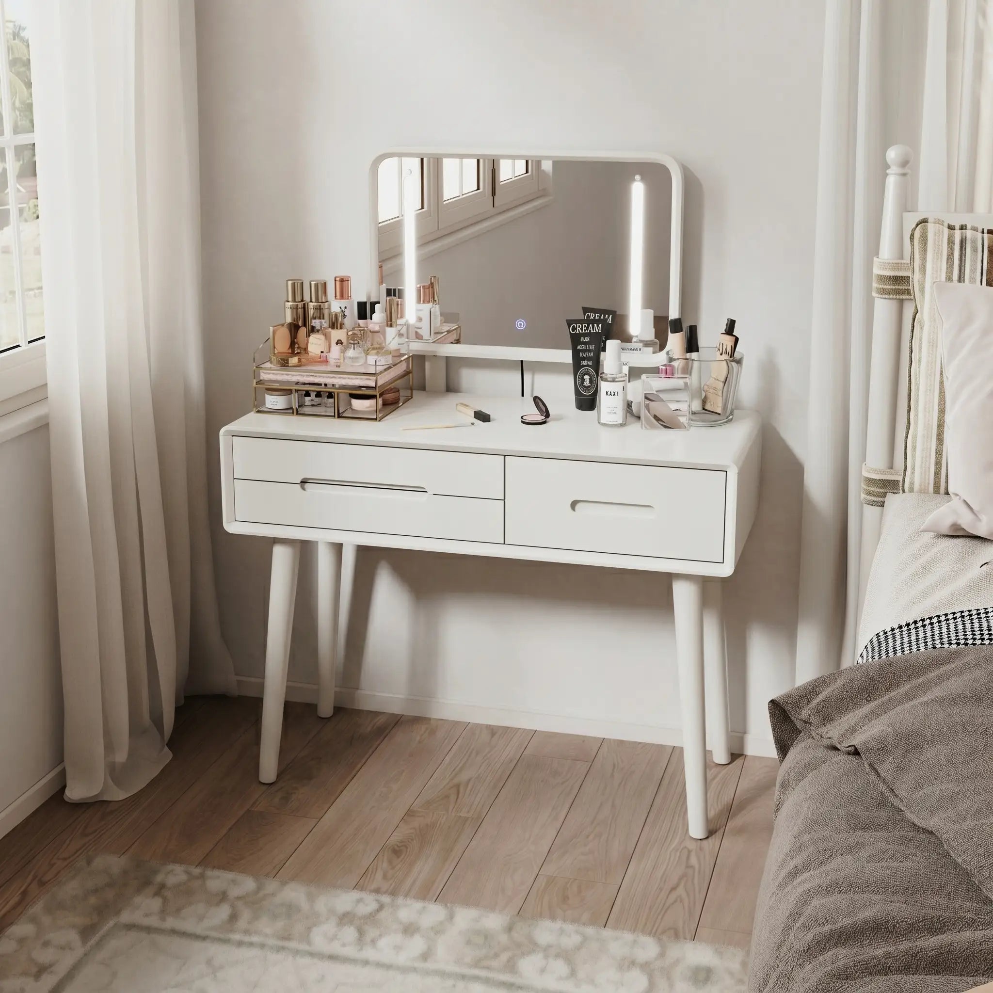 Solid Wood Vanity Desk with Detachable Lighted Mirror | Converts to Writing Desk - iKaslandi