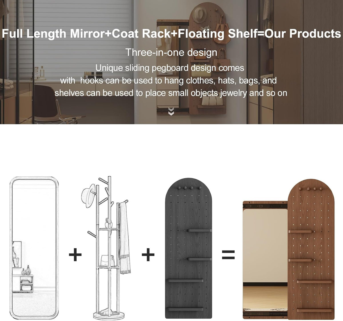 Wooden Full Length Wall Mirror with Pegboard Shelf and Hooks