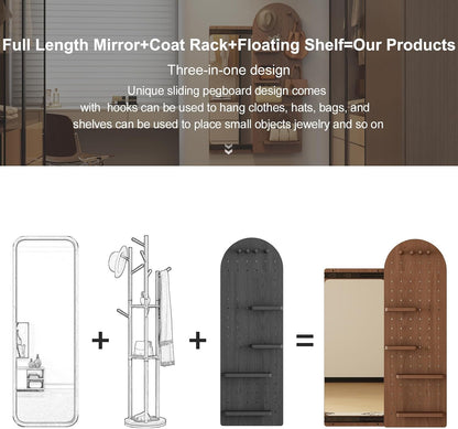 Wooden Full Length Wall Mirror with Pegboard Shelf and Hooks