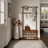 Wooden Hall Tree with Bench and Shoe Storage, 3-in-1 Entryway Coat Rack with 11 Hooks