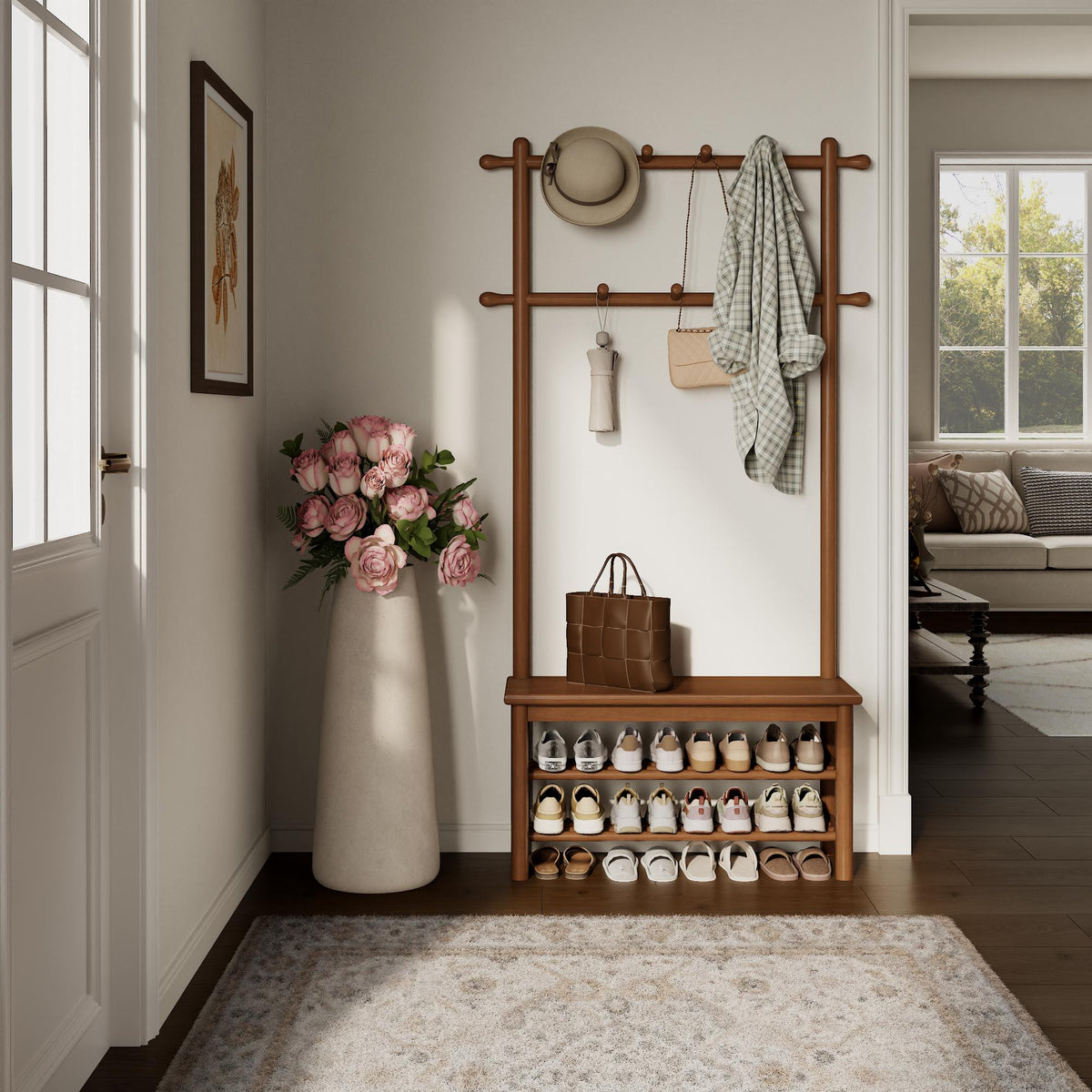 Wooden Hall Tree with Bench and Shoe Storage, 3-in-1 Entryway Coat Rack with 11 Hooks - iKaslandi