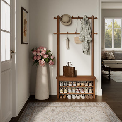 Wooden Hall Tree with Bench and Shoe Storage, 3-in-1 Entryway Coat Rack with 11 Hooks - iKaslandi