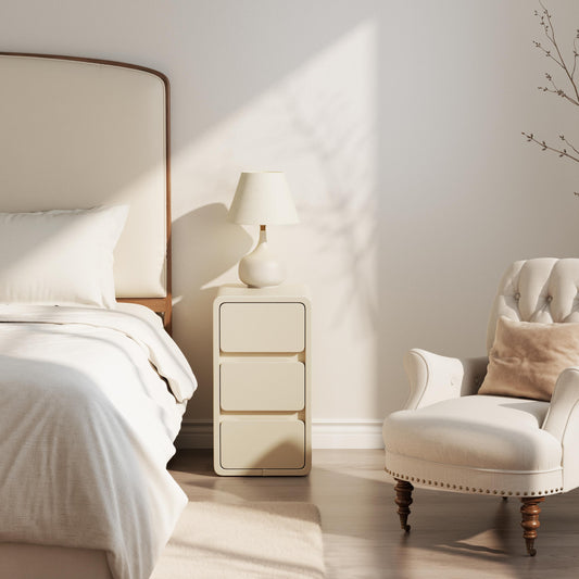 Narrow Bedside Table with 2 or 3 Drawers, Solid Wood Body and Leather-Coated Surface, Pre-Assembled - iKaslandi