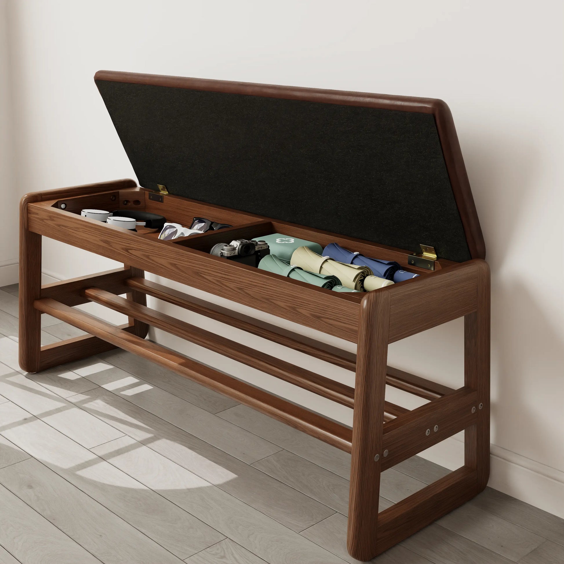 Solid Wood Storage Entryway Bench with Shoe Rack & Padded Seat - iKaslandi