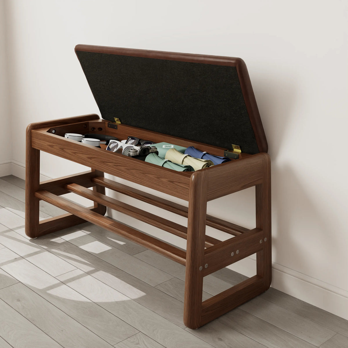 Brown 31.5-inch entryway bench with shoes