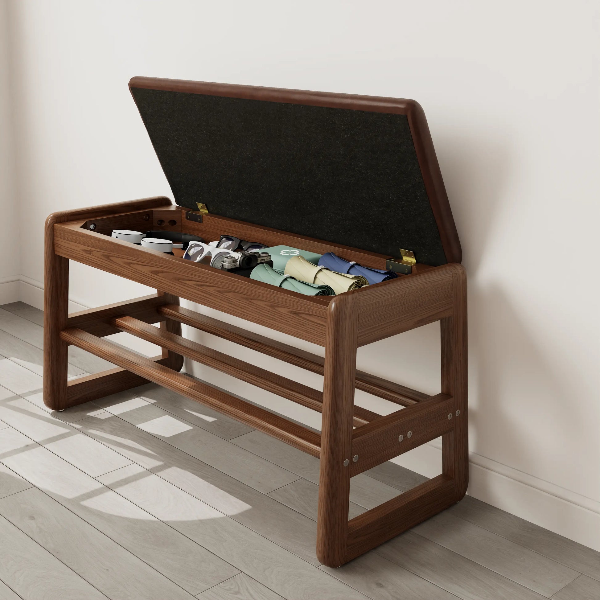Solid Wood Storage Entryway Bench with Shoe Rack & Padded Seat - iKaslandi