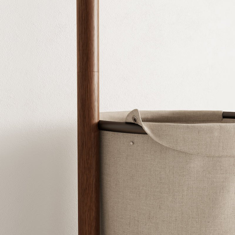 Solid Wood Coat Rack Stand with Laundry Hamper & Storage Shelf - iKaslandi