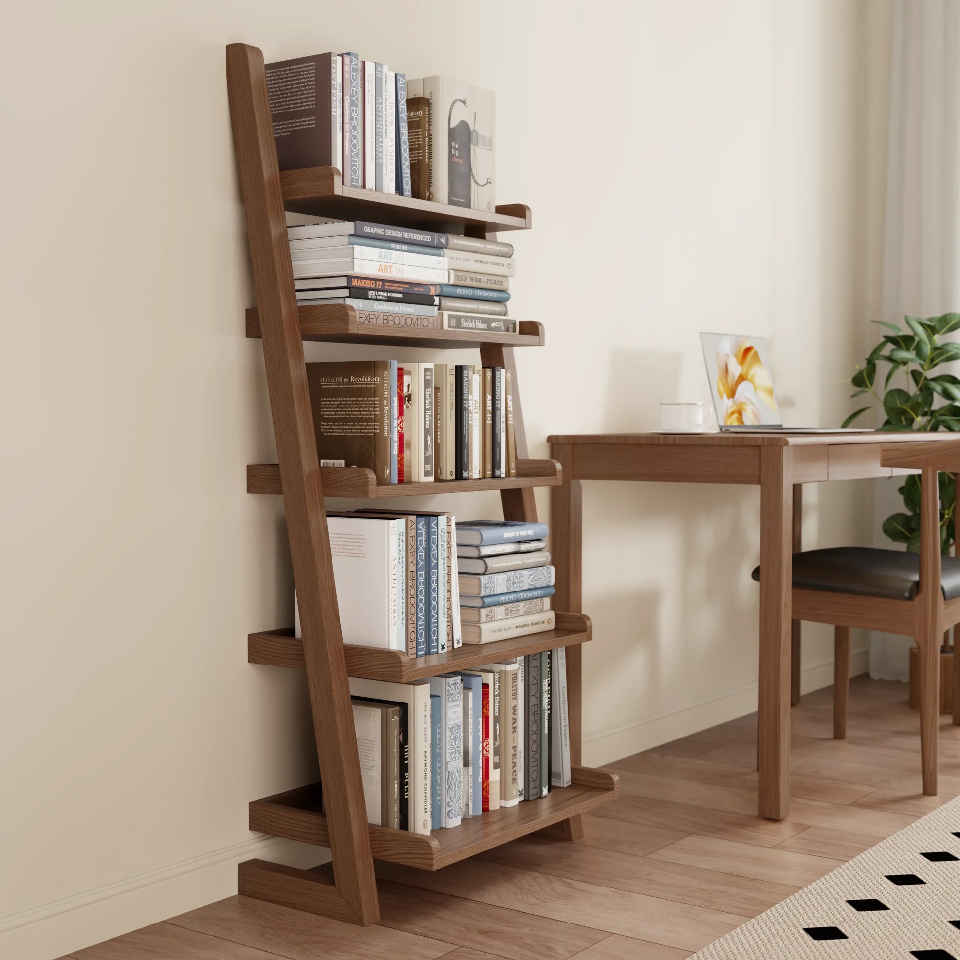 5 - Tier Wooden Ladder Shelf – Modern Space - Saving Bookcase - Kaslandi Furniture