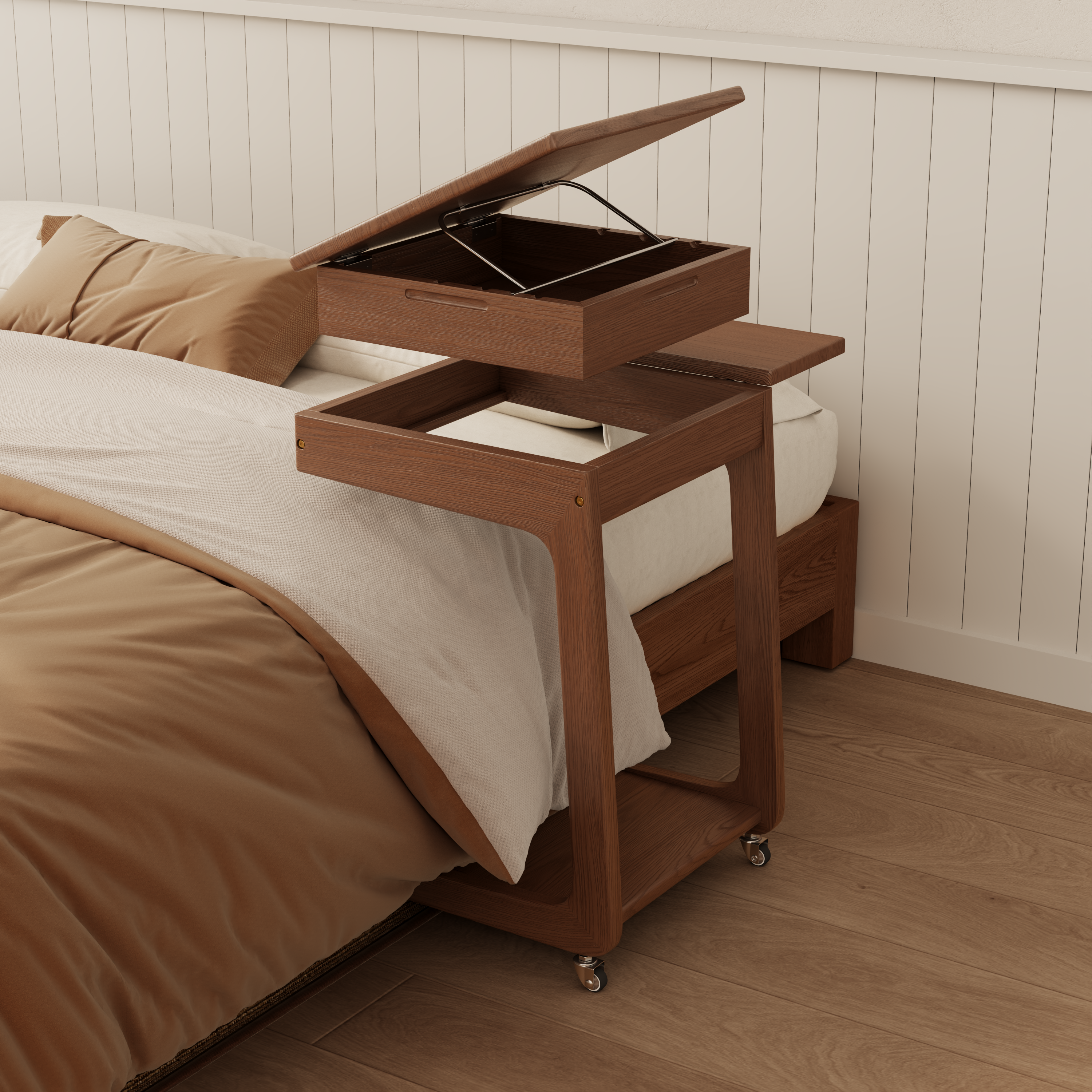 Solid Wood C-Shaped Rolling Side Table – Adjustable with Storage & Folding Shelf