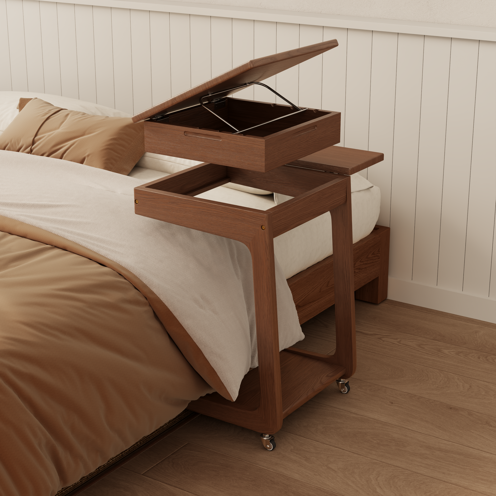 Solid Wood C-Shaped Rolling Side Table – Adjustable with Storage & Folding Shelf
