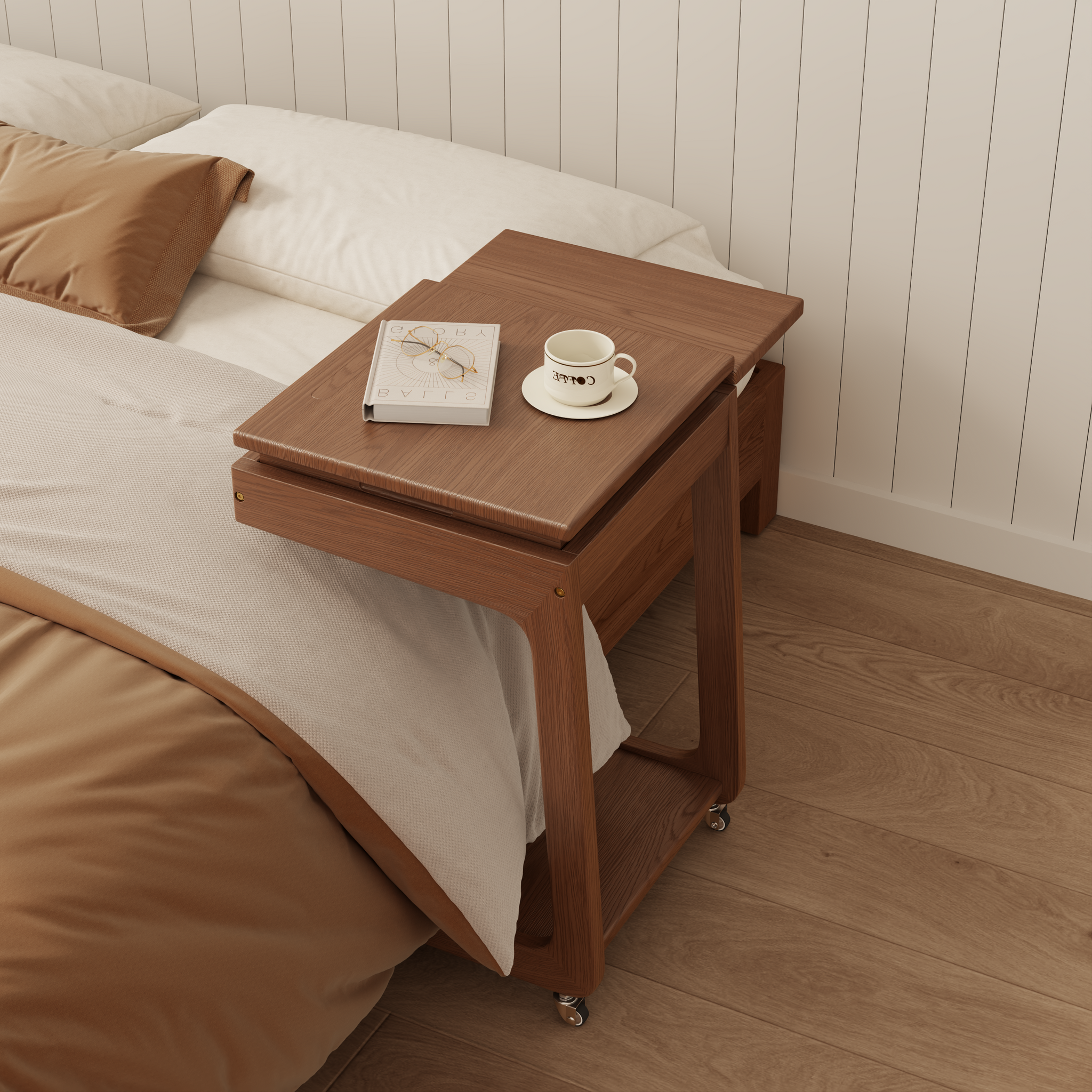 Solid Wood C-Shaped Rolling Side Table – Adjustable with Storage & Folding Shelf
