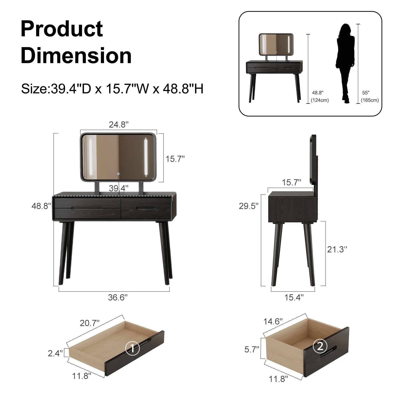 Solid Wood Vanity Desk with Detachable Lighted Mirror | Converts to Writing Desk - Kaslandi Furniture