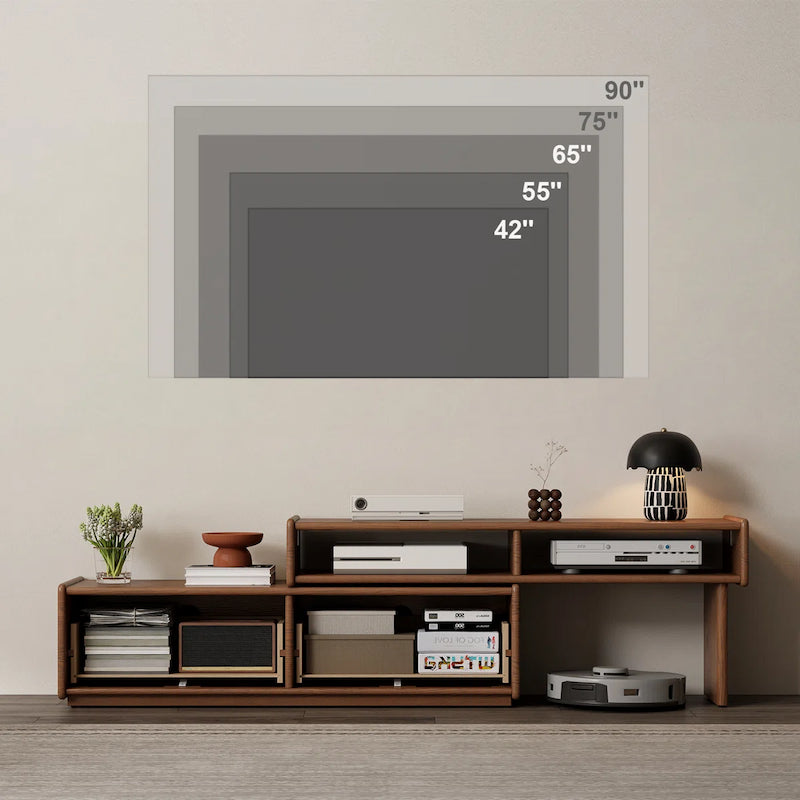 Extendable Solid Wood TV Stand with Drawers & Open Shelves — Fits 42