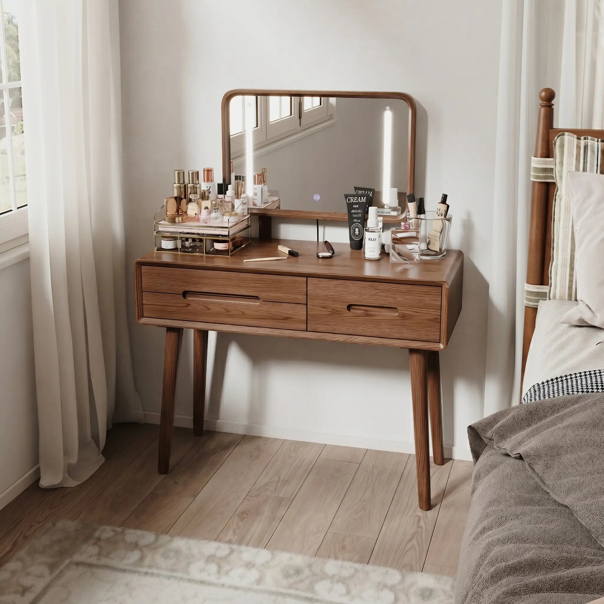 Solid Wood Vanity Desk with Detachable Lighted Mirror | Converts to Writing Desk - iKaslandi