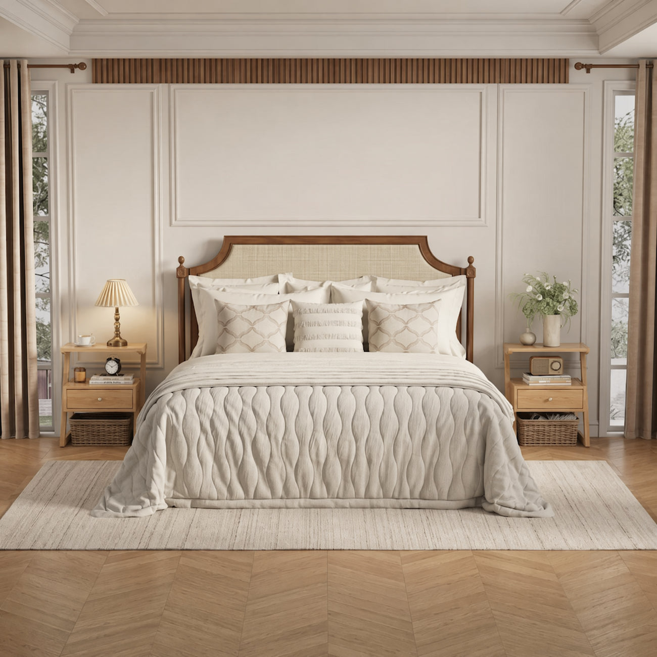Neatly made bed with decorative pillows in a bedroom setting.