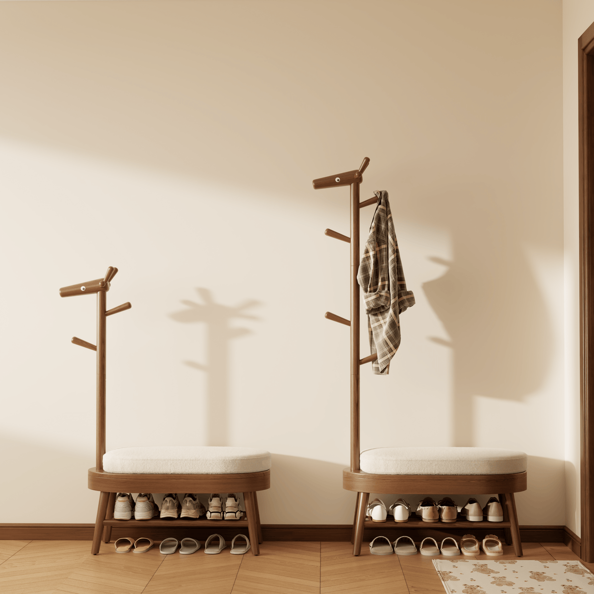 Rubberwood Shoe Bench with Coat Rack and 9 Hooks, Deer-Shaped Hall Tree - iKaslandi