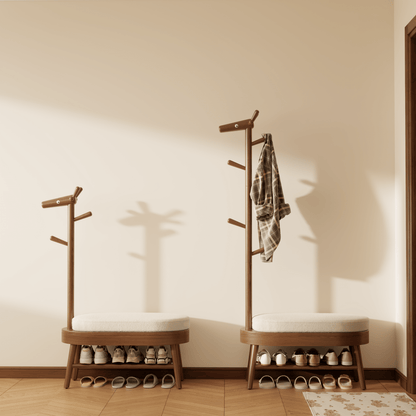 Rubberwood Shoe Bench with Coat Rack and 9 Hooks, Deer-Shaped Hall Tree - iKaslandi