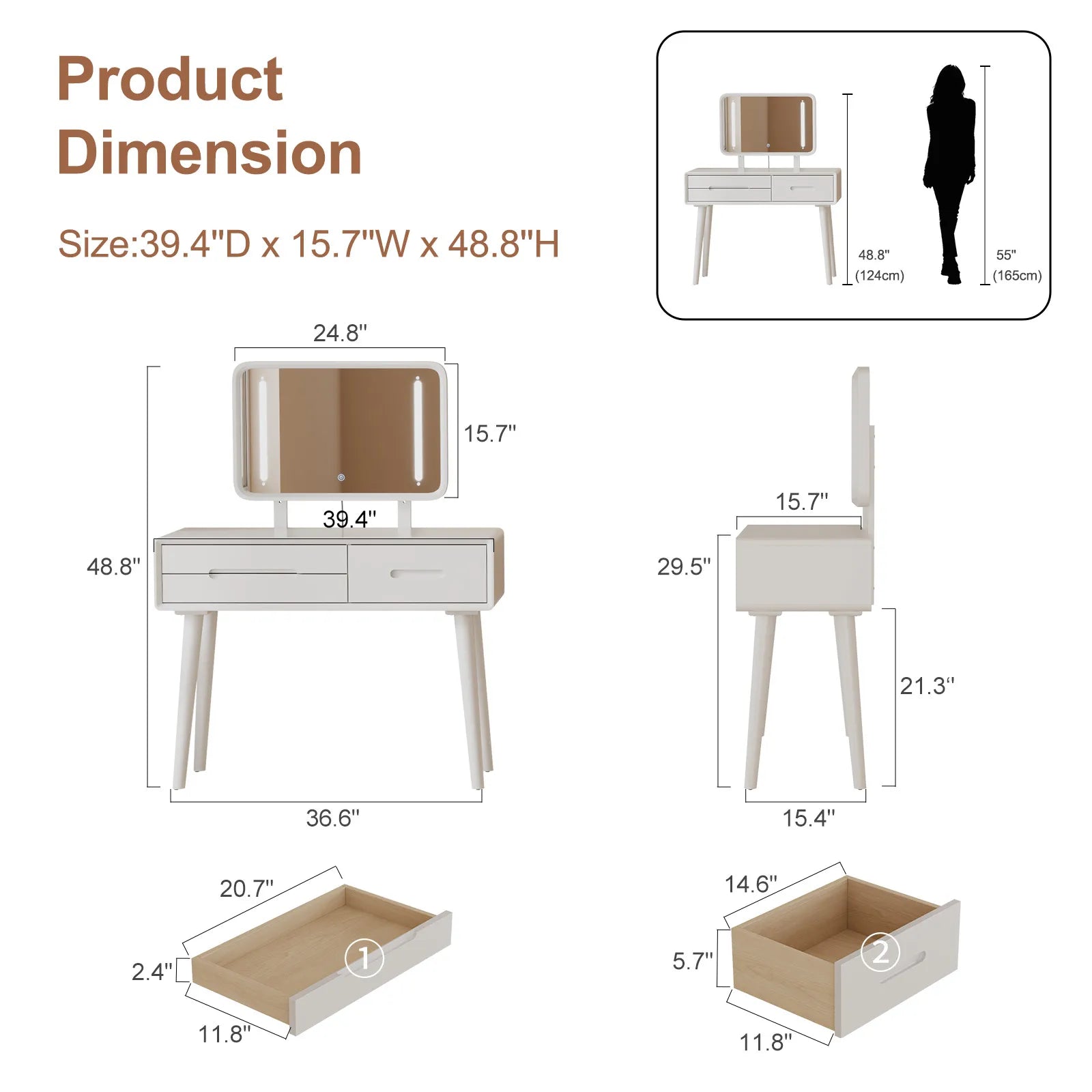 Solid Wood Vanity Desk with Detachable Lighted Mirror | Converts to Writing Desk - Kaslandi Furniture