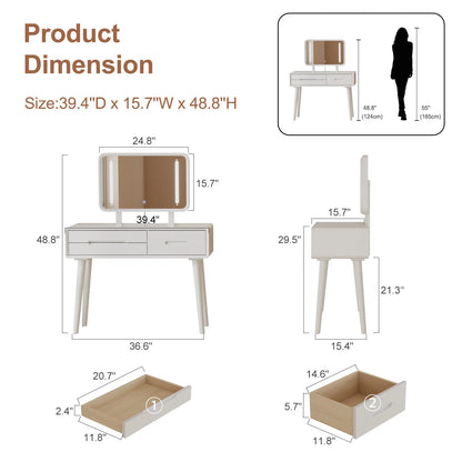 Solid Wood Vanity Desk with Detachable Lighted Mirror | Converts to Writing Desk - Kaslandi Furniture