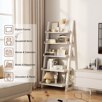 Wooden Ladder Shelf, Ladder Shelf Bookcase, 5 Tier Ladder Shelf with Stable Structure, Leaning Shelf for Living Room, Bedroom, Home Office
