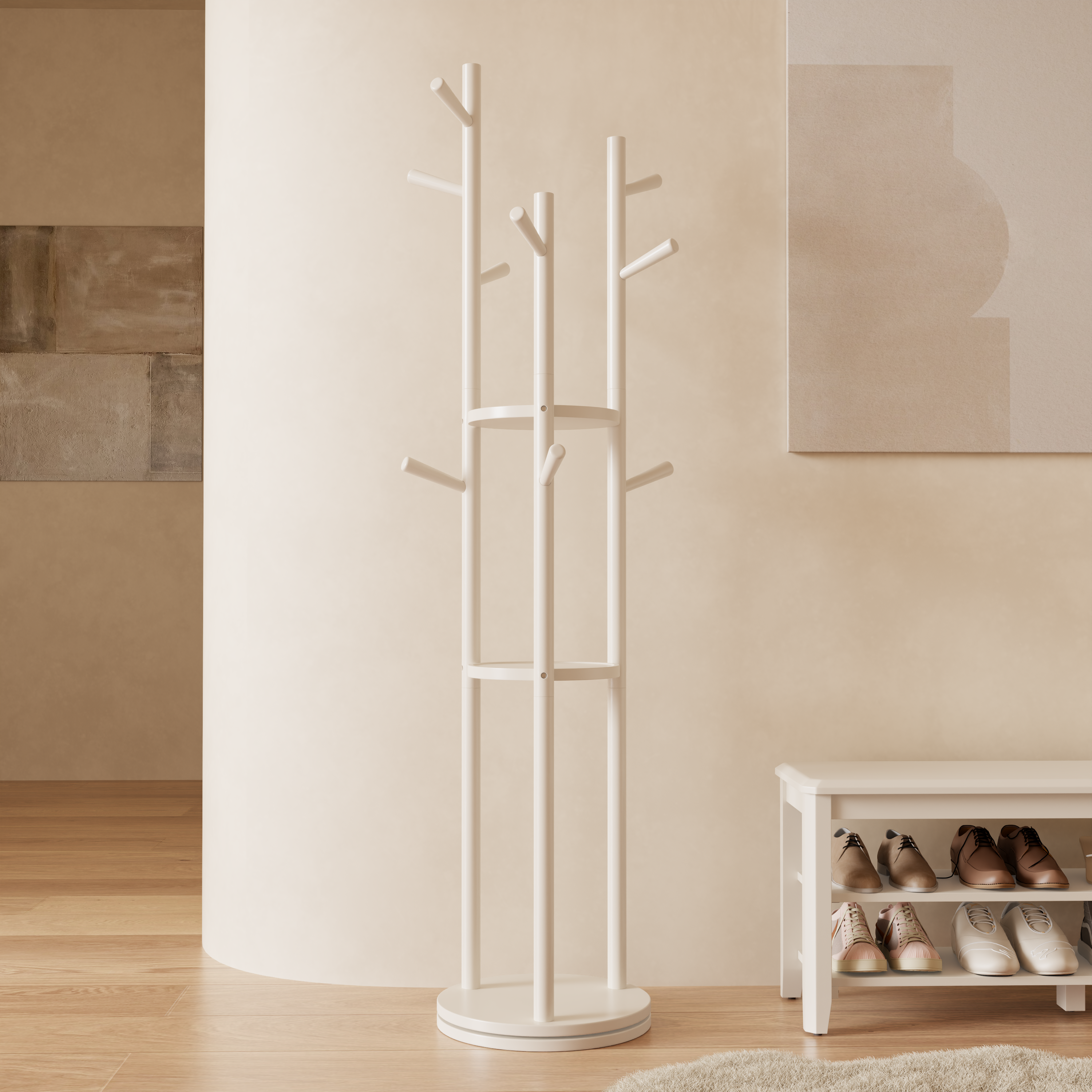 360° Rotating Solid Wood Coat Rack with Shelves