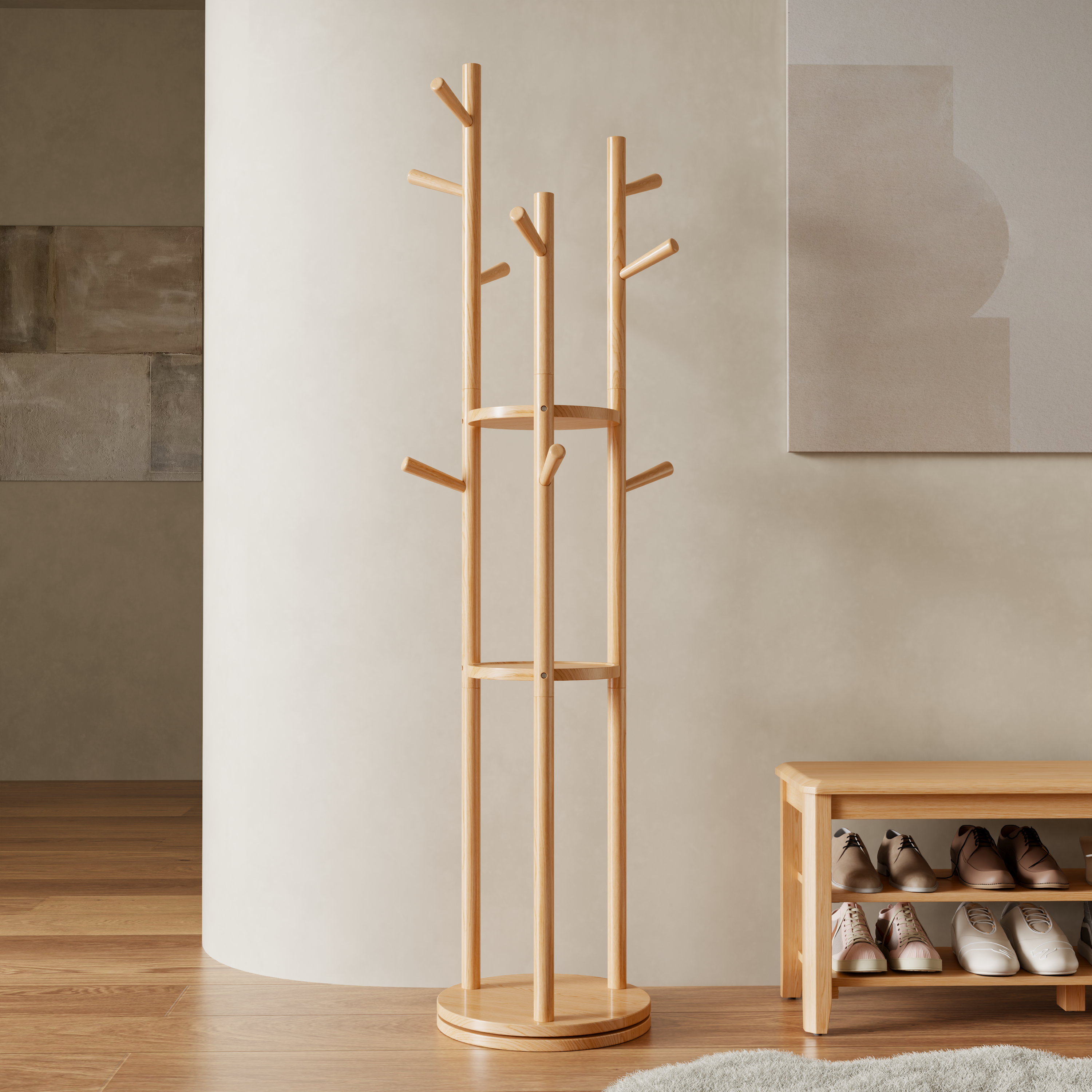 360° Rotating Solid Wood Coat Rack with Shelves
