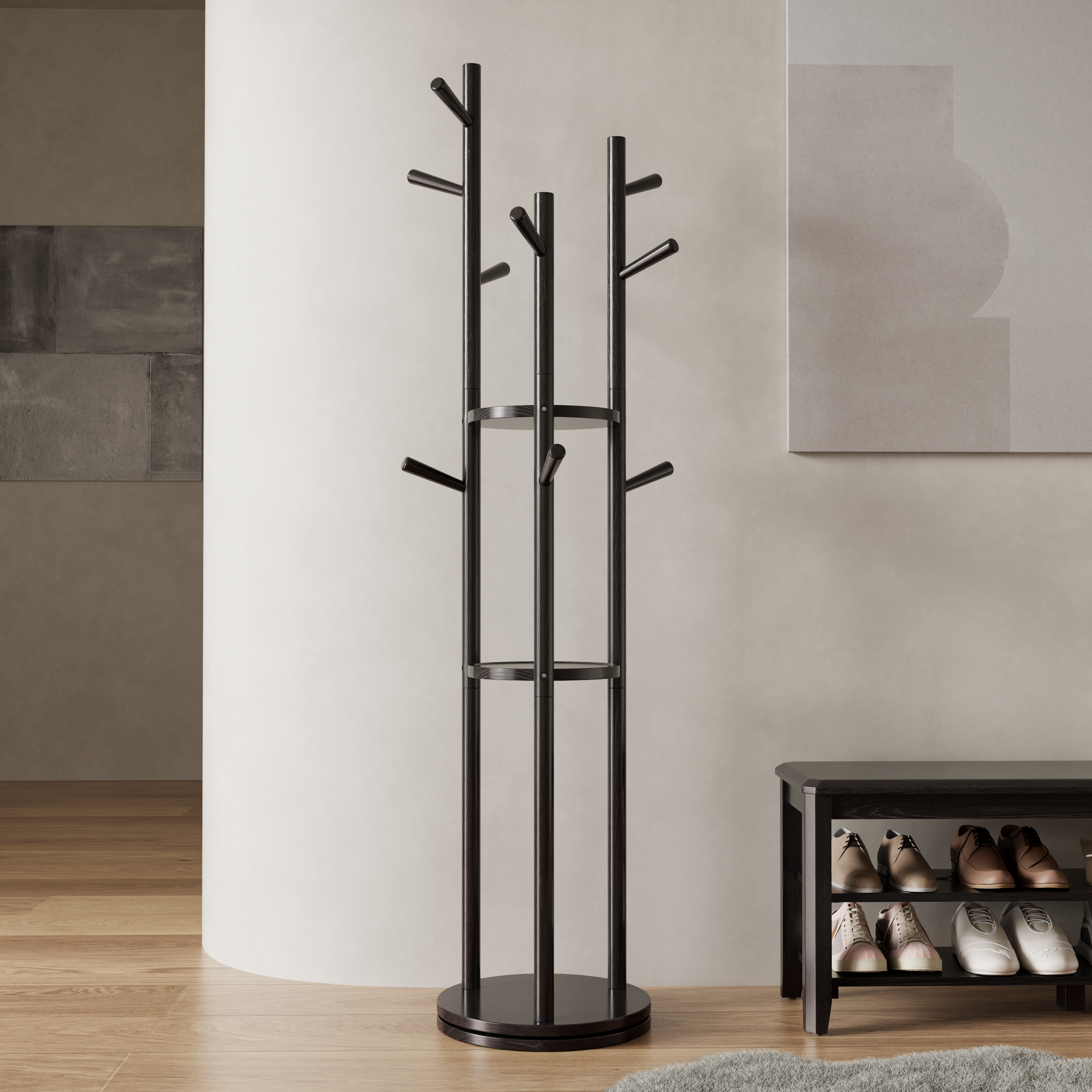 360° Rotating Solid Wood Coat Rack with Shelves