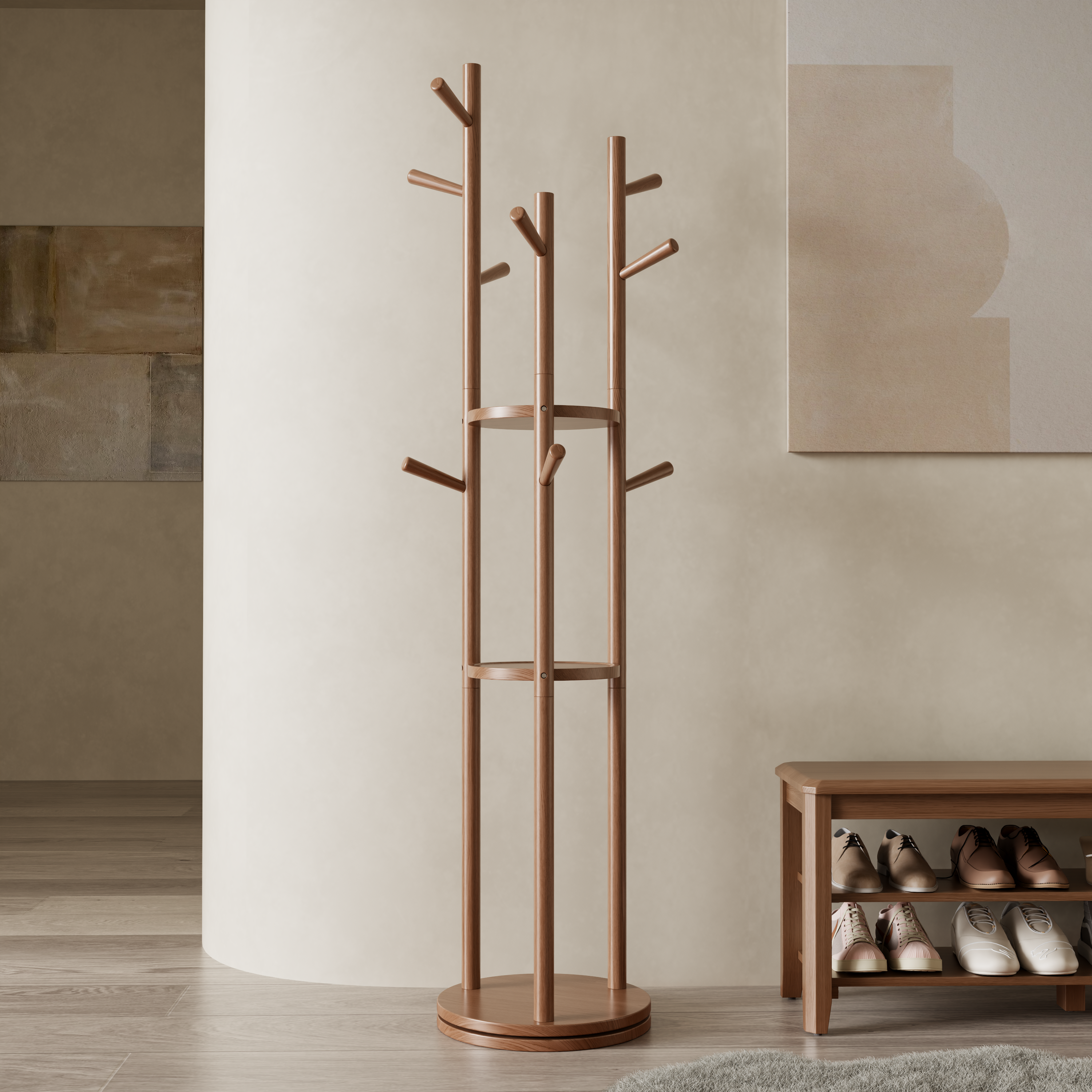 360° Rotating Solid Wood Coat Rack with Shelves