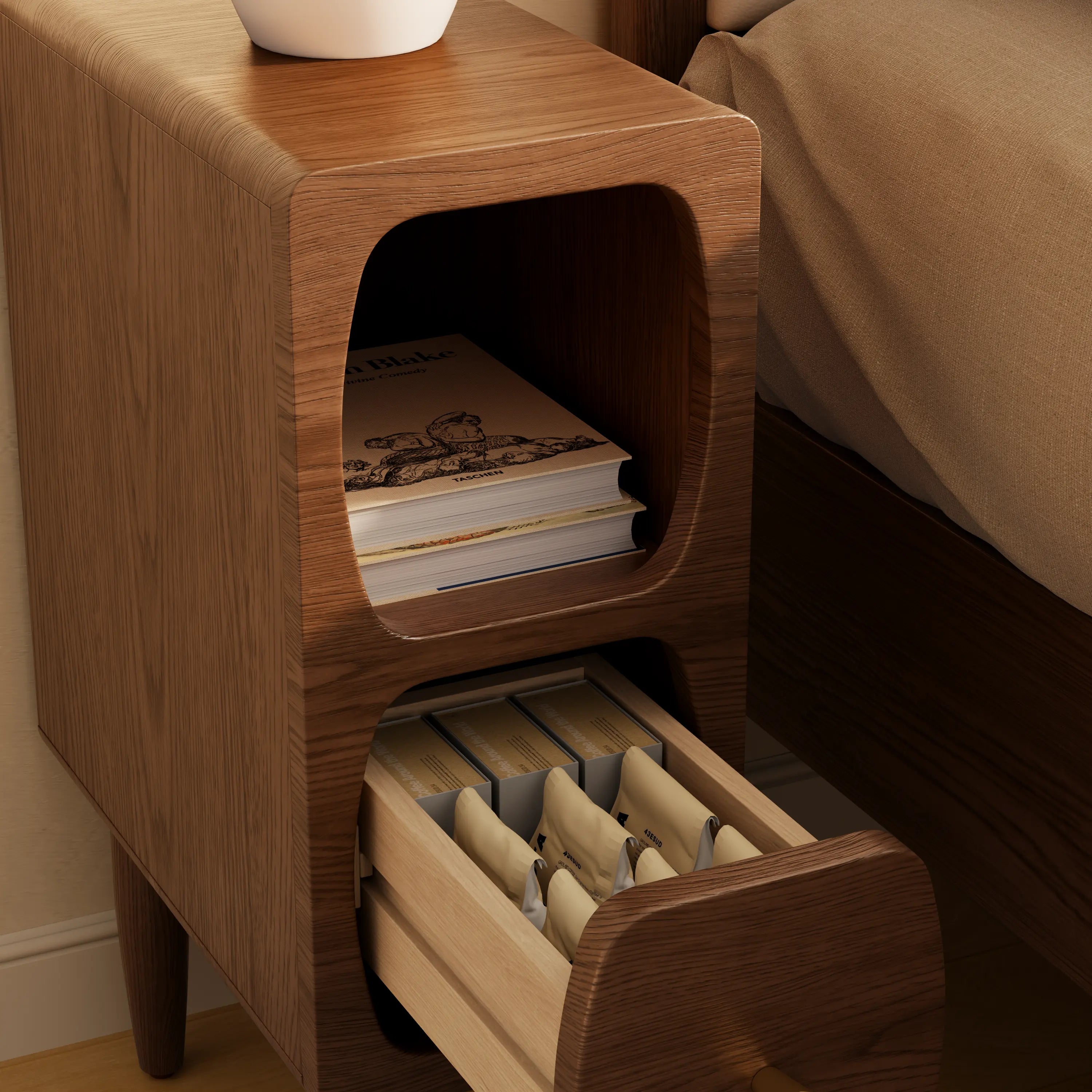 Solid Oak Wood Nightstand with Drawer | Compact Bedside Storage Cabinet for Small Spaces - Kaslandi Furniture