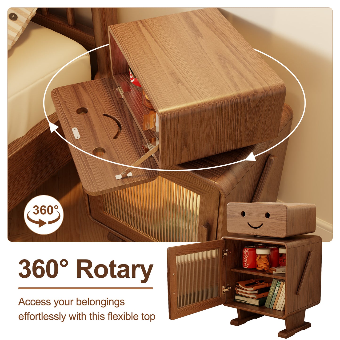 Robot Solid Wood Nightstand, Led Nightstand with 360°Rotating Drawer, Creative Nightstand with Drawers, Easily Assembly,Bedside Table for Bedroom,Living Room