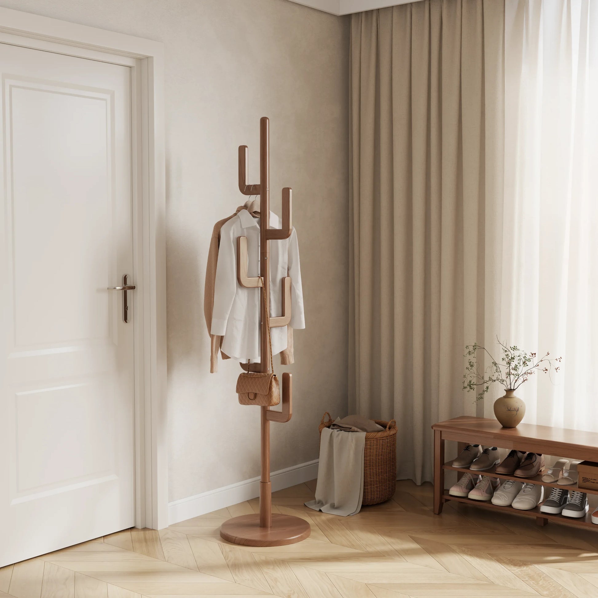 Solid Wood Cactus Coat Rack Stand – Modern Freestanding Coat Tree - Kaslandi Furniture